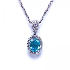 Oval Blue Zircon & Diamond Halo Pendant