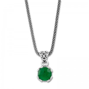 Samuel B.Round Emerald Pendant in Sterling Silver With Chain