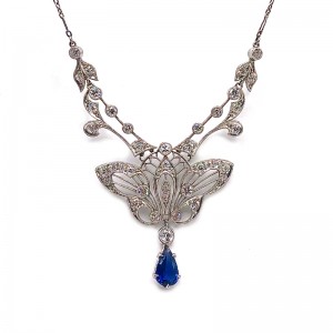 Estate Pear Sapphire & Diamond Necklace, 16