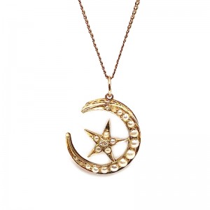 Estate Crescent Moon & Stars Pearl Pendant