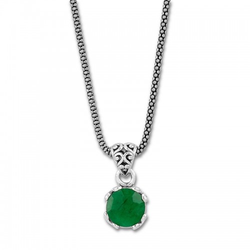 Samuel B.Round Emerald Pendant in Sterling Silver With Chain