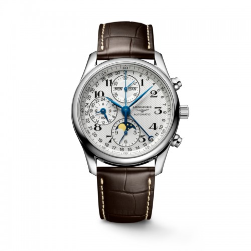 The Longines Master Collection steel 40mm chronograph with moon phase white dial on leather strap with steel buckle
