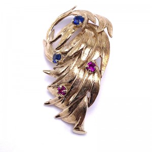 Estate Brooch With Ruby & Sapphires In A Feather Design