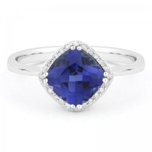 Created Blue Corundum & Diamond Ring