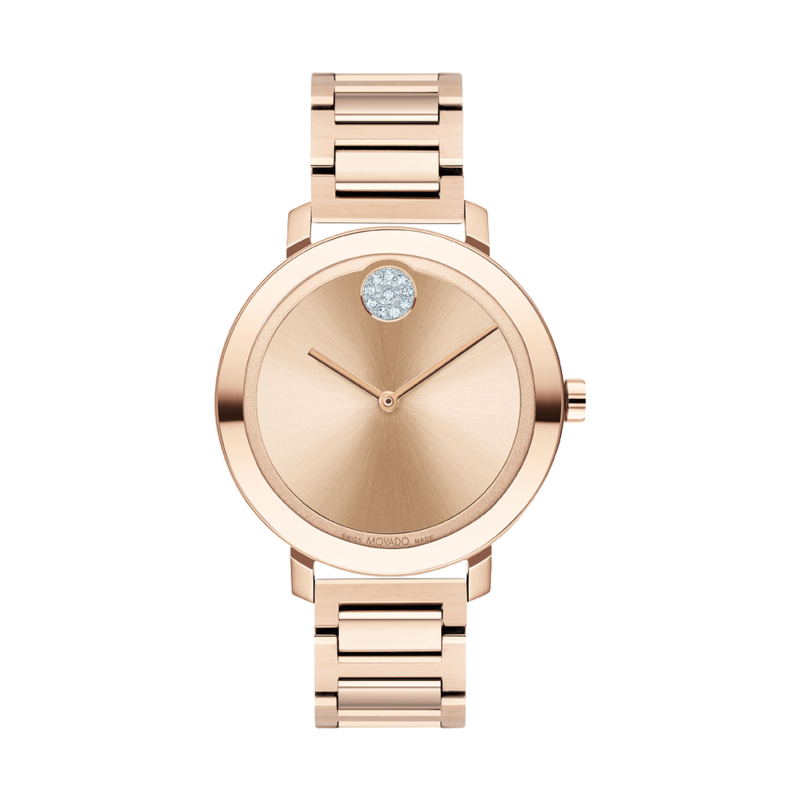 Movado Bold Evolution,34mm Rose Gold Plated Stainless Steel, Crystal Set Dot