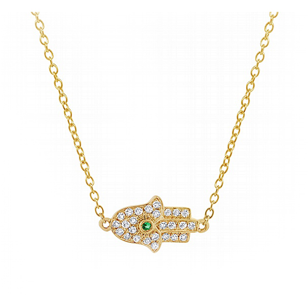 Diamond Hamsa Necklace with Emerald