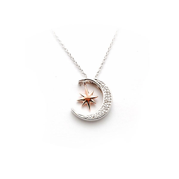 Sterling Silver Moon & Star Diamond Pendant
