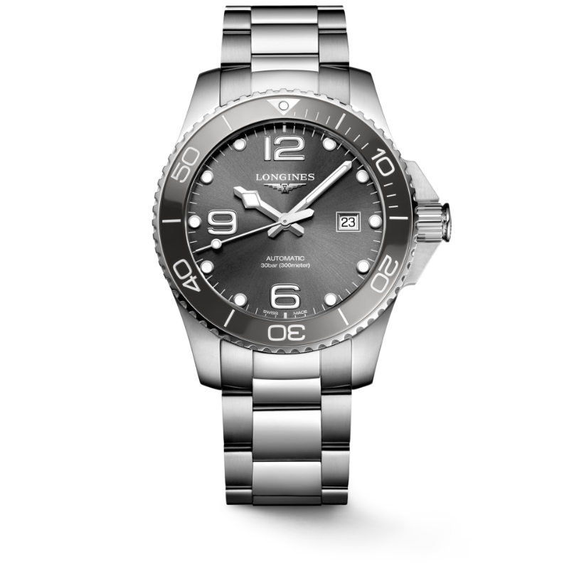 Longines Hydroconquest 43mm steel 43mm grey ceramic bezel grey dial on steel bracelet