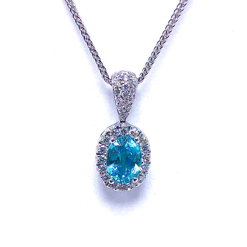 Oval Blue Zircon & Diamond Halo Pendant