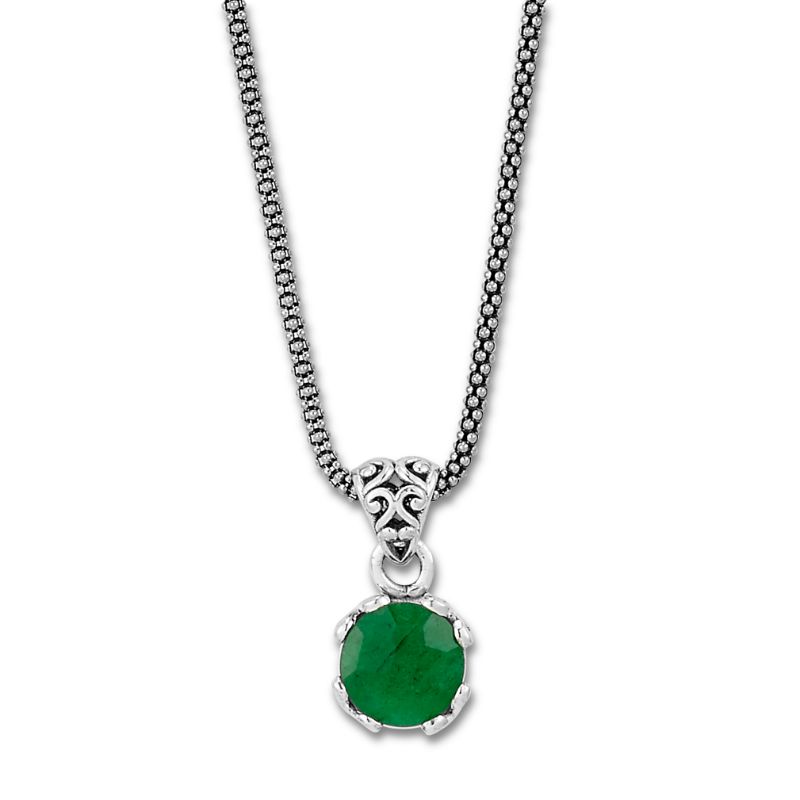 Samuel B.Round Emerald Pendant in Sterling Silver With Chain