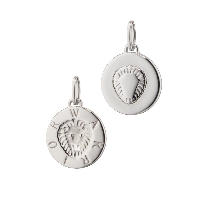 Sterling Silver Round Warrior Inaglio Charm w/Lion & Tapered Baguetrte White Sapphire