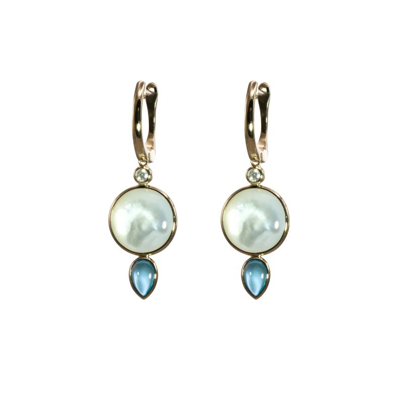 Mother of Pearl Round and Swiss Blue Topaz Earrings by Olivia B