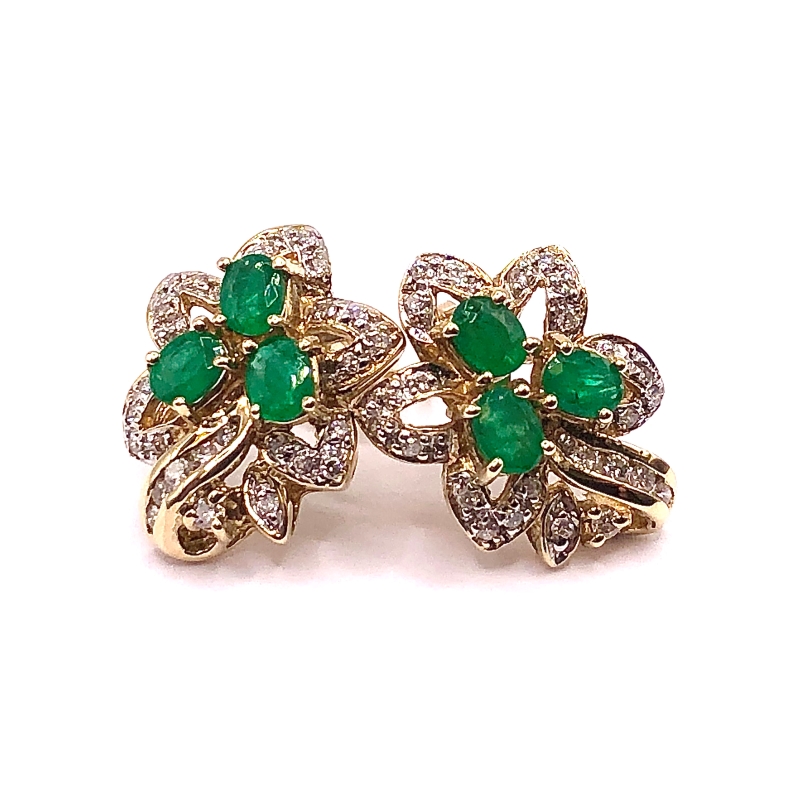 Estate Emerald & Diamond Oval Cluster Friction Earrings