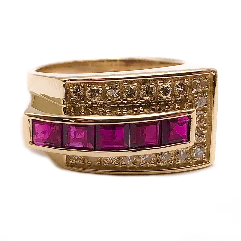 Estate Princess Cut Ruby & Diamond Channel Buckle Ring