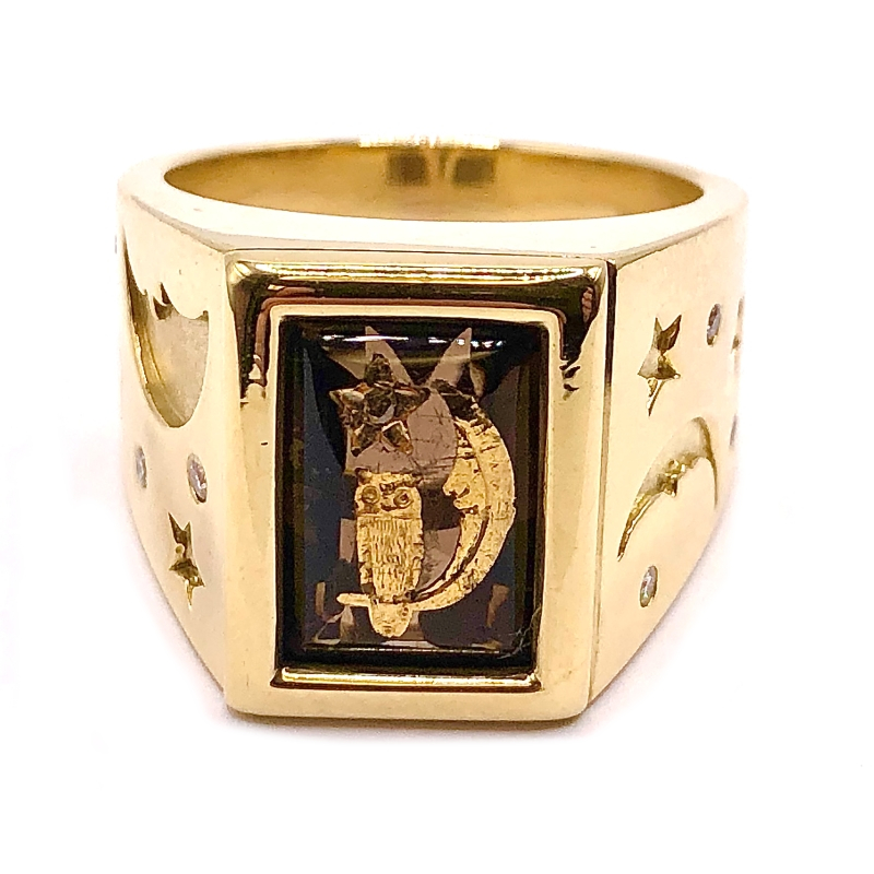 Estate Owl,Moon & Stars Onyx Diamond Ring