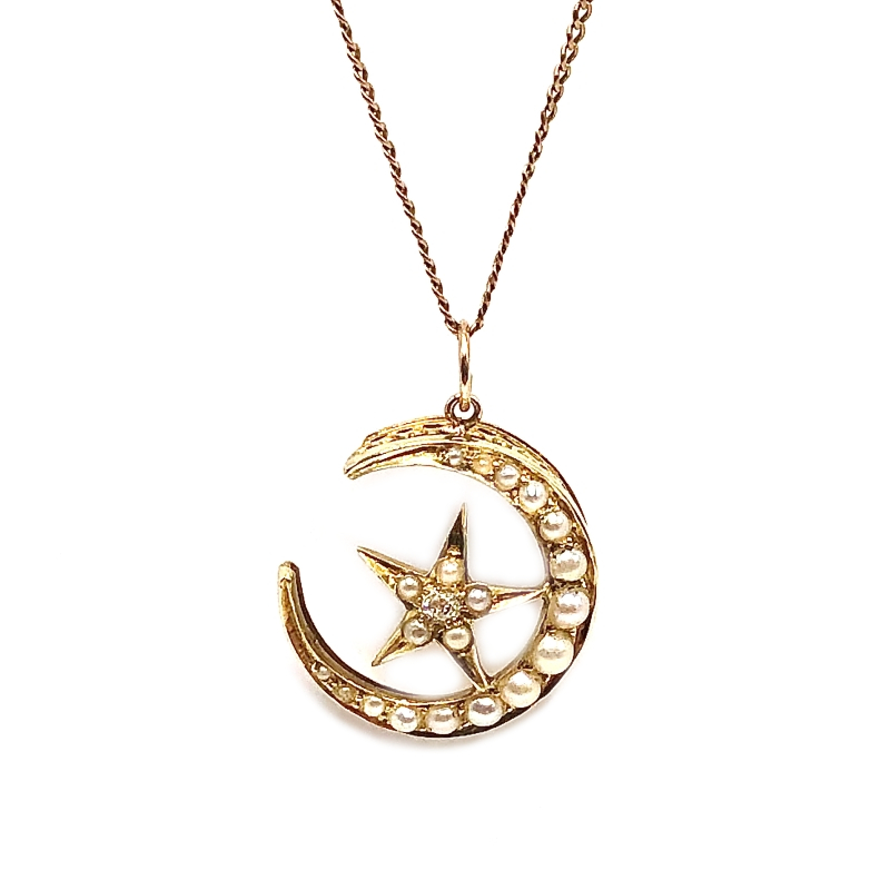 Estate Crescent Moon & Stars Pearl Pendant