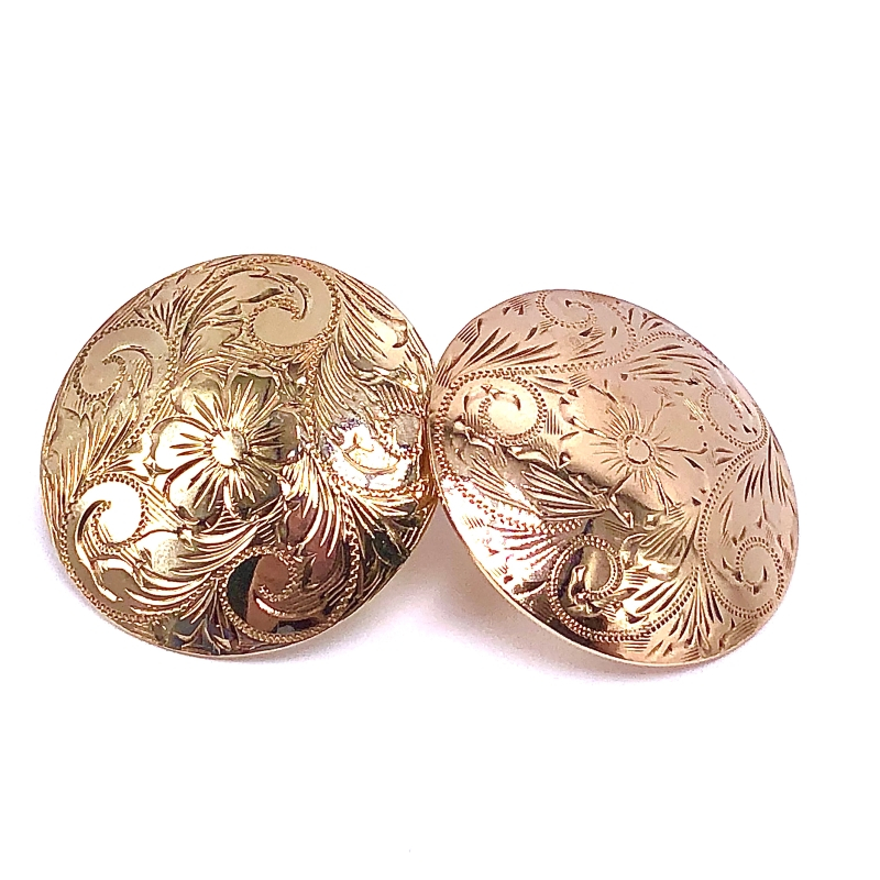 Estate Floral Engraved Disc Stud Earrings