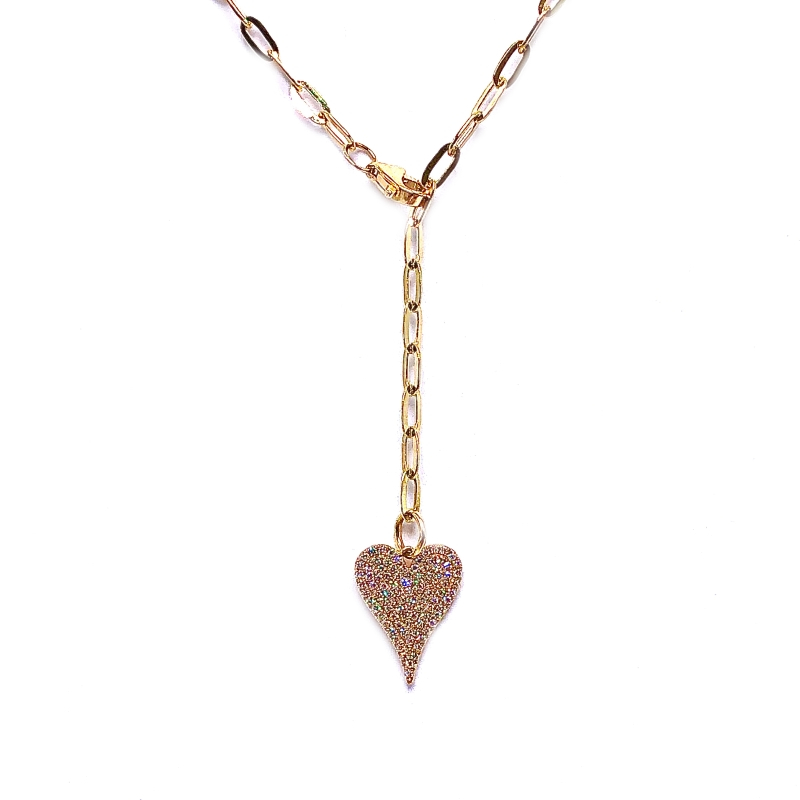 Diamond Pave Heart PaperClip Link Necklace